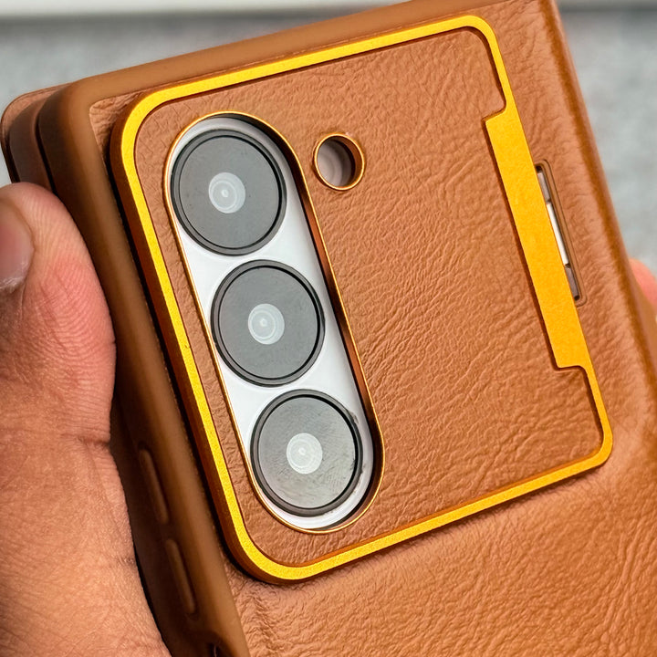 Samsung Galaxy Z Fold 5 Premium Leather Textured Flip Case with Metal Kick Stand Cover