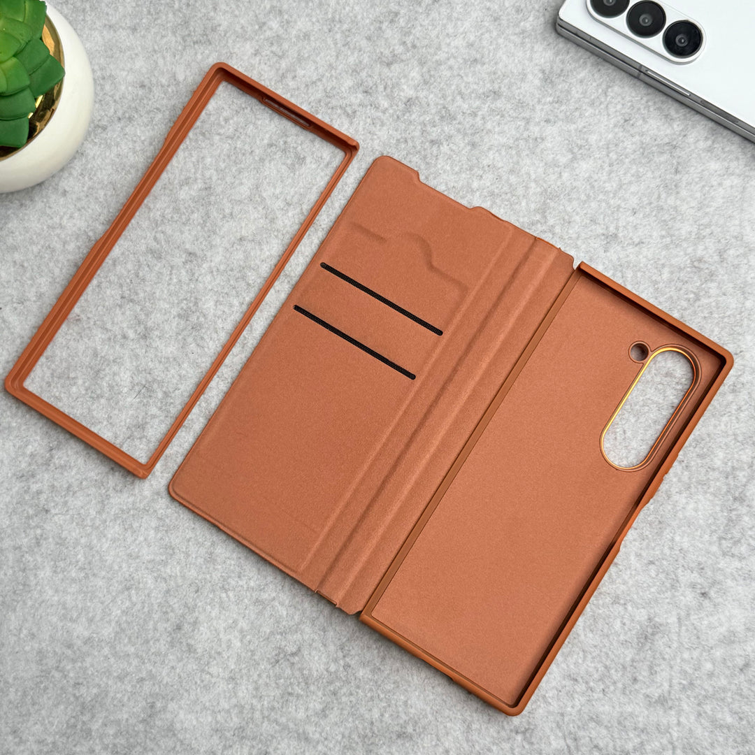 Samsung Galaxy Z Fold 5 Premium Leather Textured Flip Case with Metal Kick Stand Cover