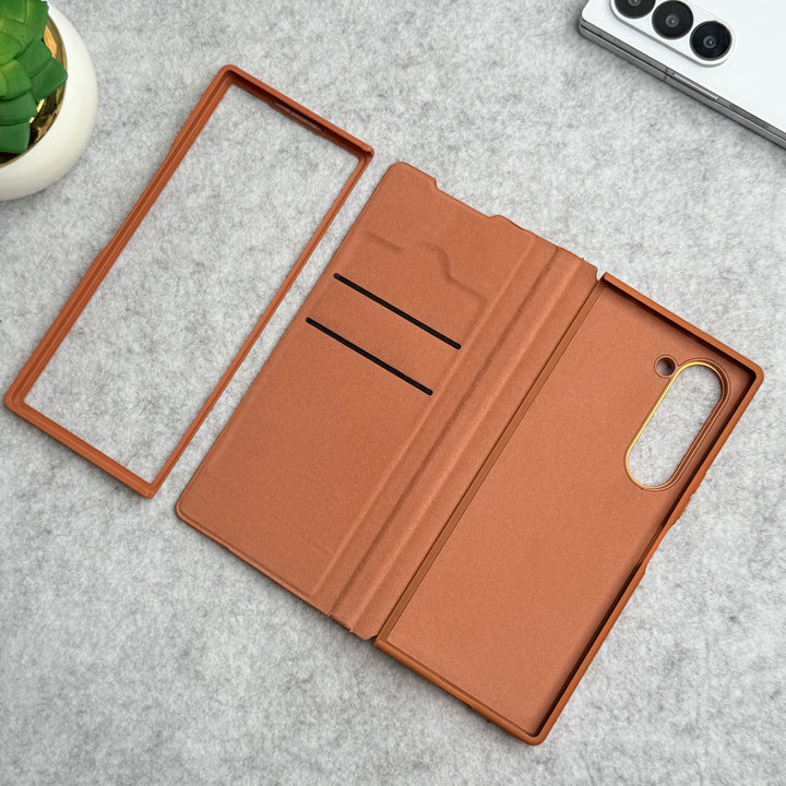 Samsung Galaxy Z Fold 5 Premium Leather Textured Flip Case with Metal Kick Stand Cover