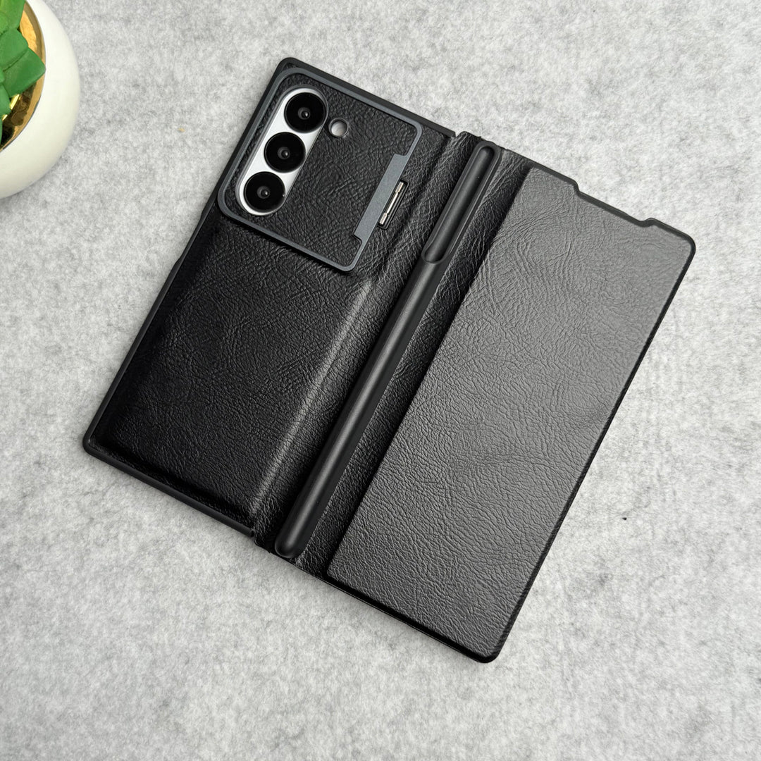 Samsung Galaxy Z Fold 5 Premium Leather Textured Flip Case with Metal Kick Stand Cover