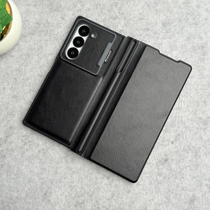 Samsung Galaxy Z Fold 5 Premium Leather Textured Flip Case with Metal Kick Stand Cover