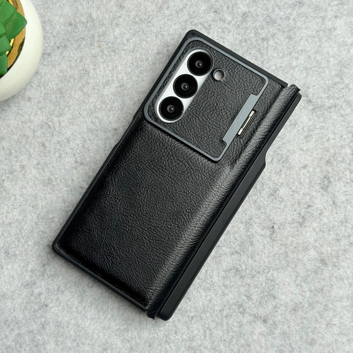 Samsung Galaxy Z Fold 5 Premium Leather Textured Flip Case with Metal Kick Stand Cover