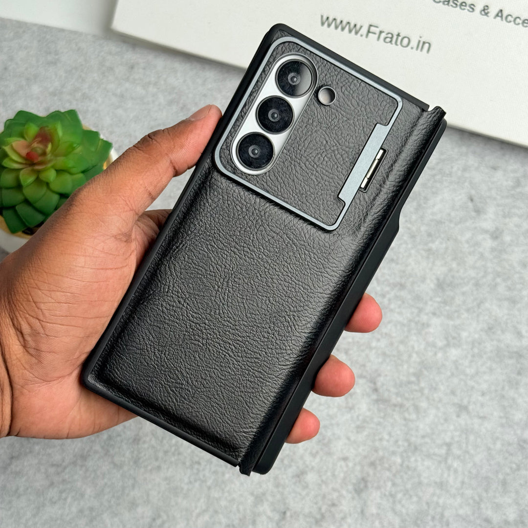 Samsung Galaxy Z Fold 5 Premium Leather Textured Flip Case with Metal Kick Stand Cover