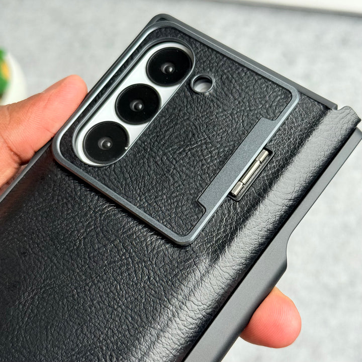 Samsung Galaxy Z Fold 5 Premium Leather Textured Flip Case with Metal Kick Stand Cover