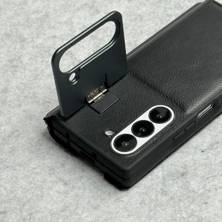 Samsung Galaxy Z Fold 5 Premium Leather Textured Flip Case with Metal Kick Stand Cover