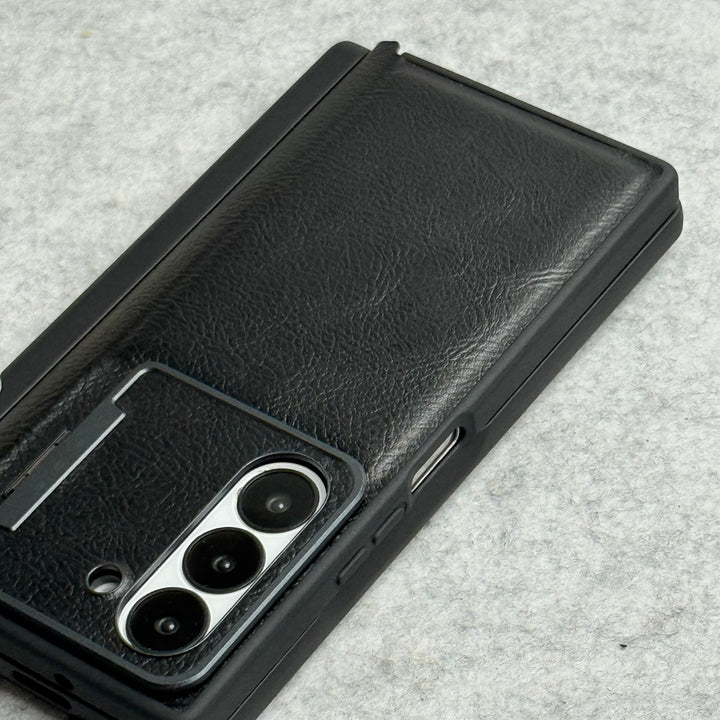 Samsung Galaxy Z Fold 5 Premium Leather Textured Flip Case with Metal Kick Stand Cover