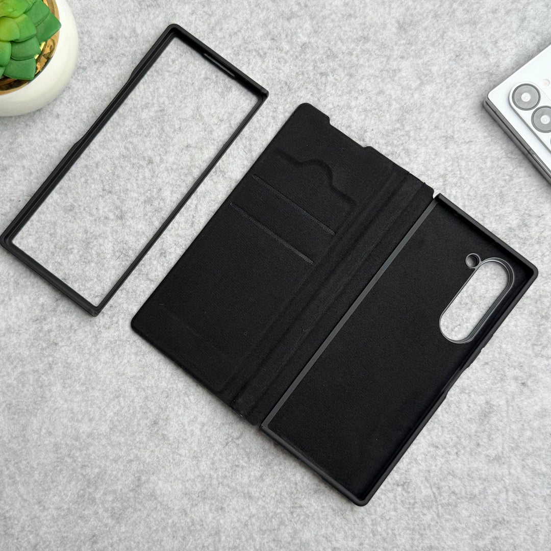 Samsung Galaxy Z Fold 5 Premium Leather Textured Flip Case with Metal Kick Stand Cover