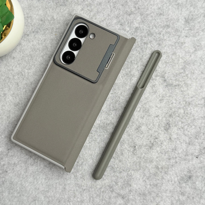 Samsung Galaxy Z Fold 5 Premium Leather Textured Flip Case with Metal Kick Stand Cover