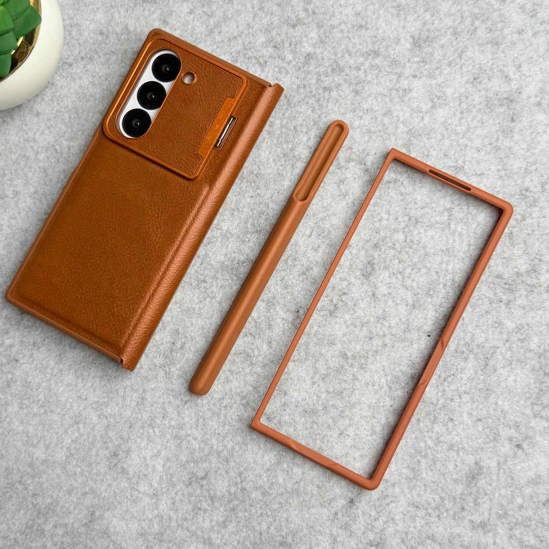 Samsung Galaxy Z Fold 5 Premium Leather Textured Flip Case with Metal Kick Stand Cover