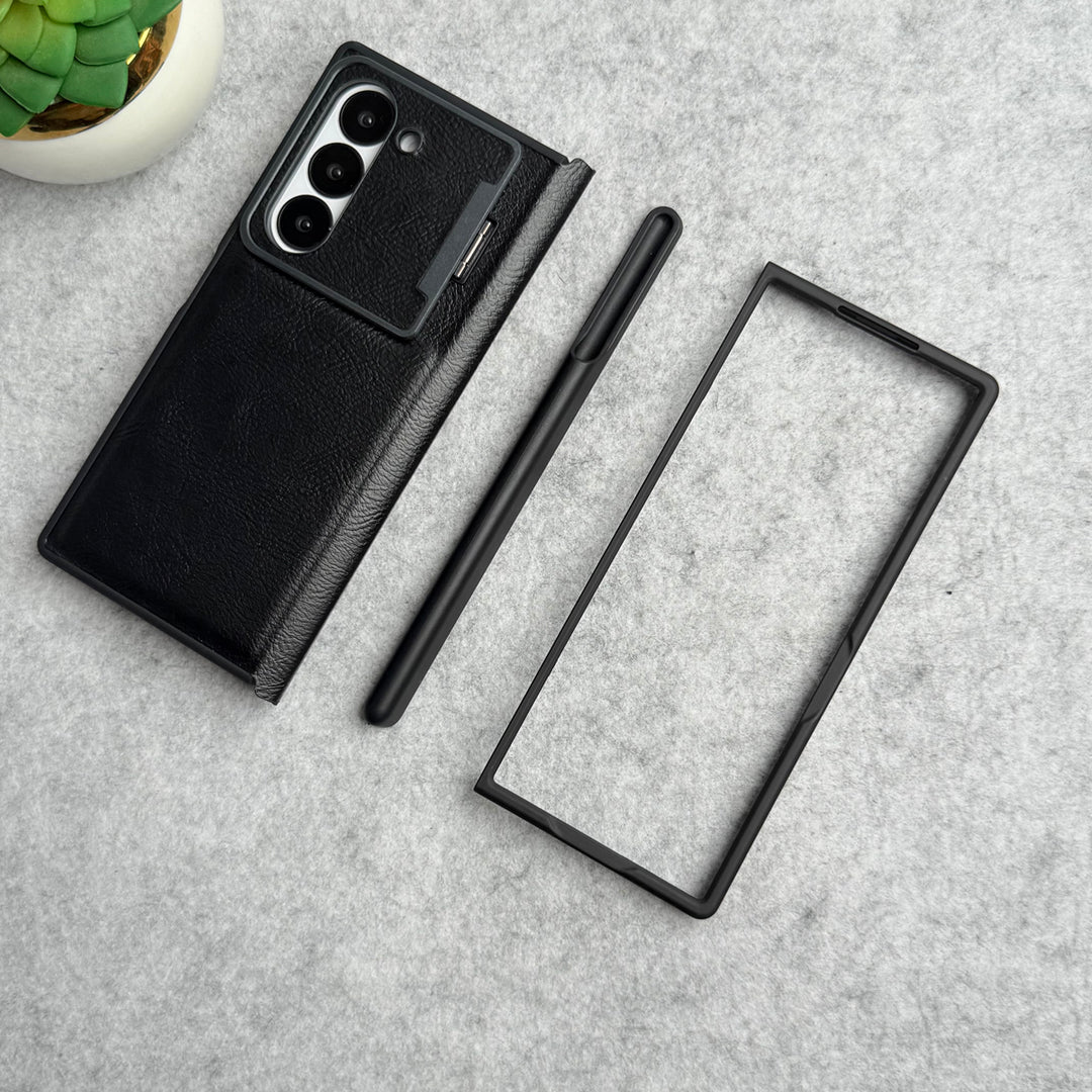 Samsung Galaxy Z Fold 5 Premium Leather Textured Flip Case with Metal Kick Stand Cover