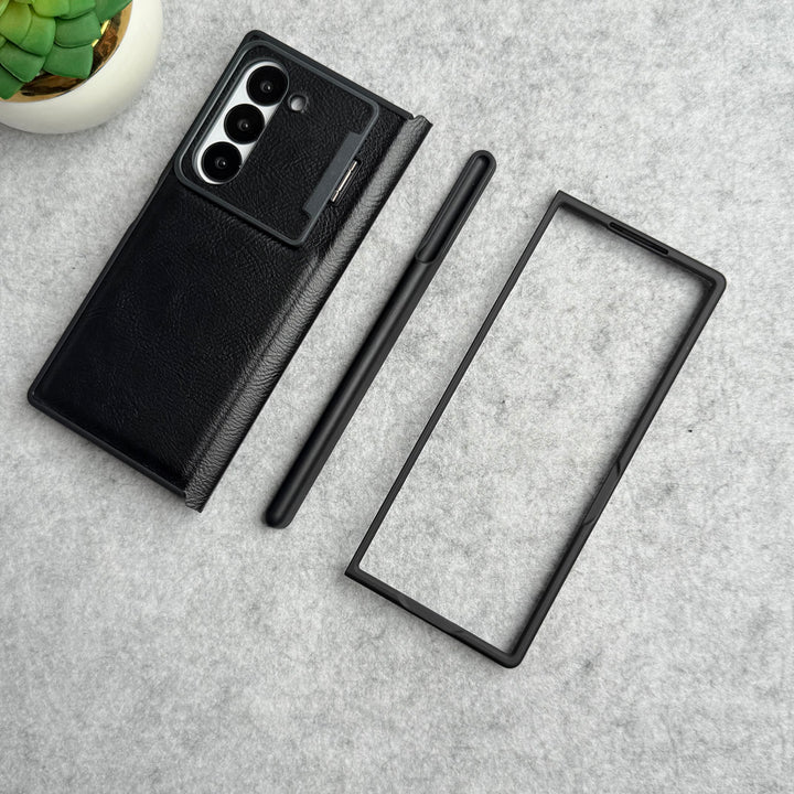 Samsung Galaxy Z Fold 5 Premium Leather Textured Flip Case with Metal Kick Stand Cover