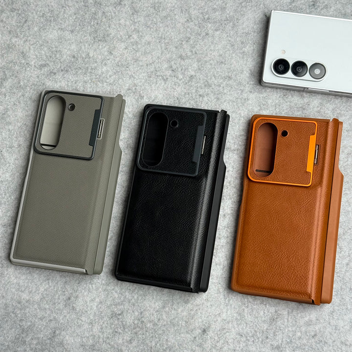 Samsung Galaxy Z Fold 5 Premium Leather Textured Flip Case with Metal Kick Stand Cover