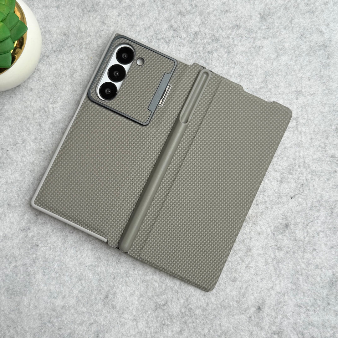 Samsung Galaxy Z Fold 5 Premium Leather Textured Flip Case with Metal Kick Stand Cover