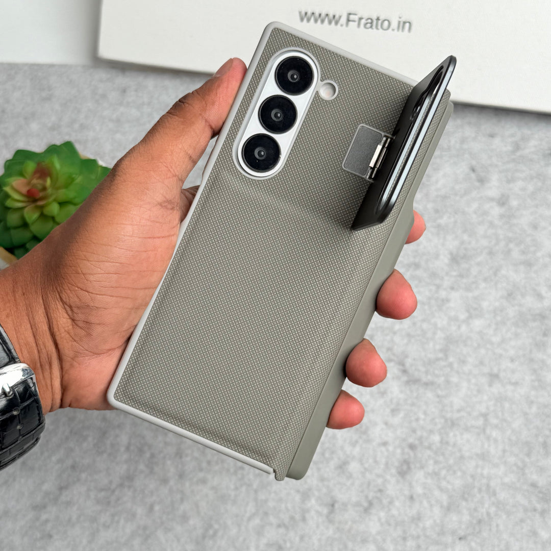 Samsung Galaxy Z Fold 5 Premium Leather Textured Flip Case with Metal Kick Stand Cover