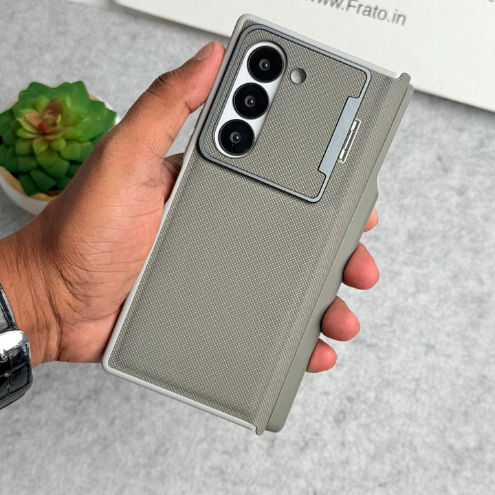Samsung Galaxy Z Fold 5 Premium Leather Textured Flip Case with Metal Kick Stand Cover