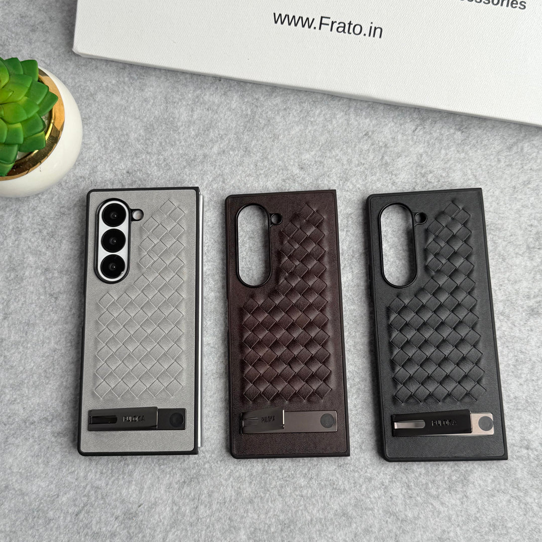 Samsung Galaxy Z Fold 6 PU Weave Leather with Metal Kickstand Slim Back Cover