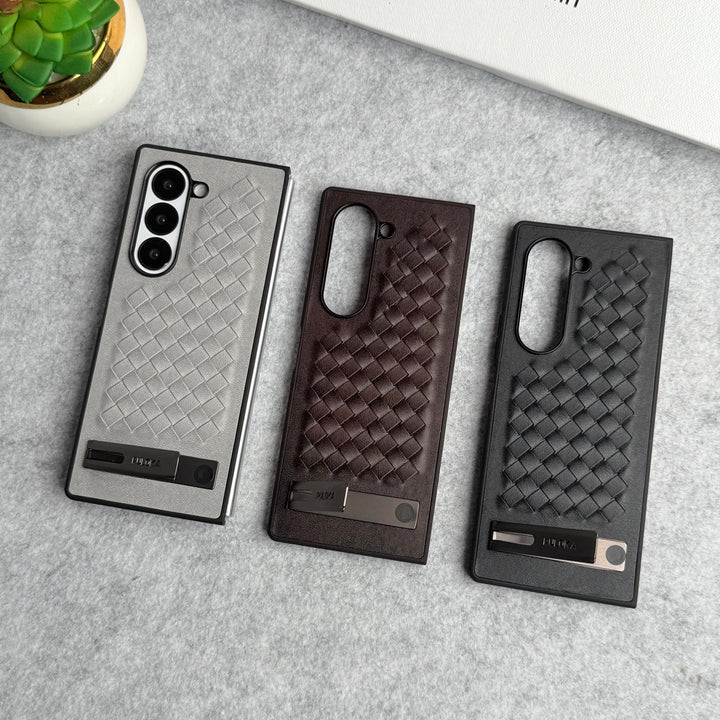 Samsung Galaxy Z Fold 6 PU Weave Leather with Metal Kickstand Slim Back Cover