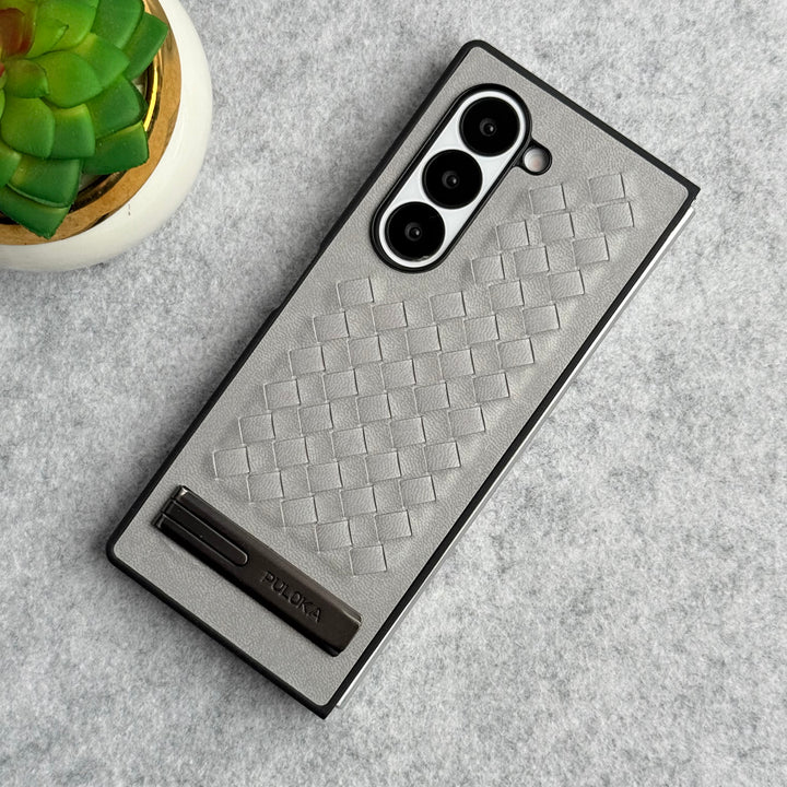 Samsung Galaxy Z Fold 6 PU Weave Leather with Metal Kickstand Slim Back Cover
