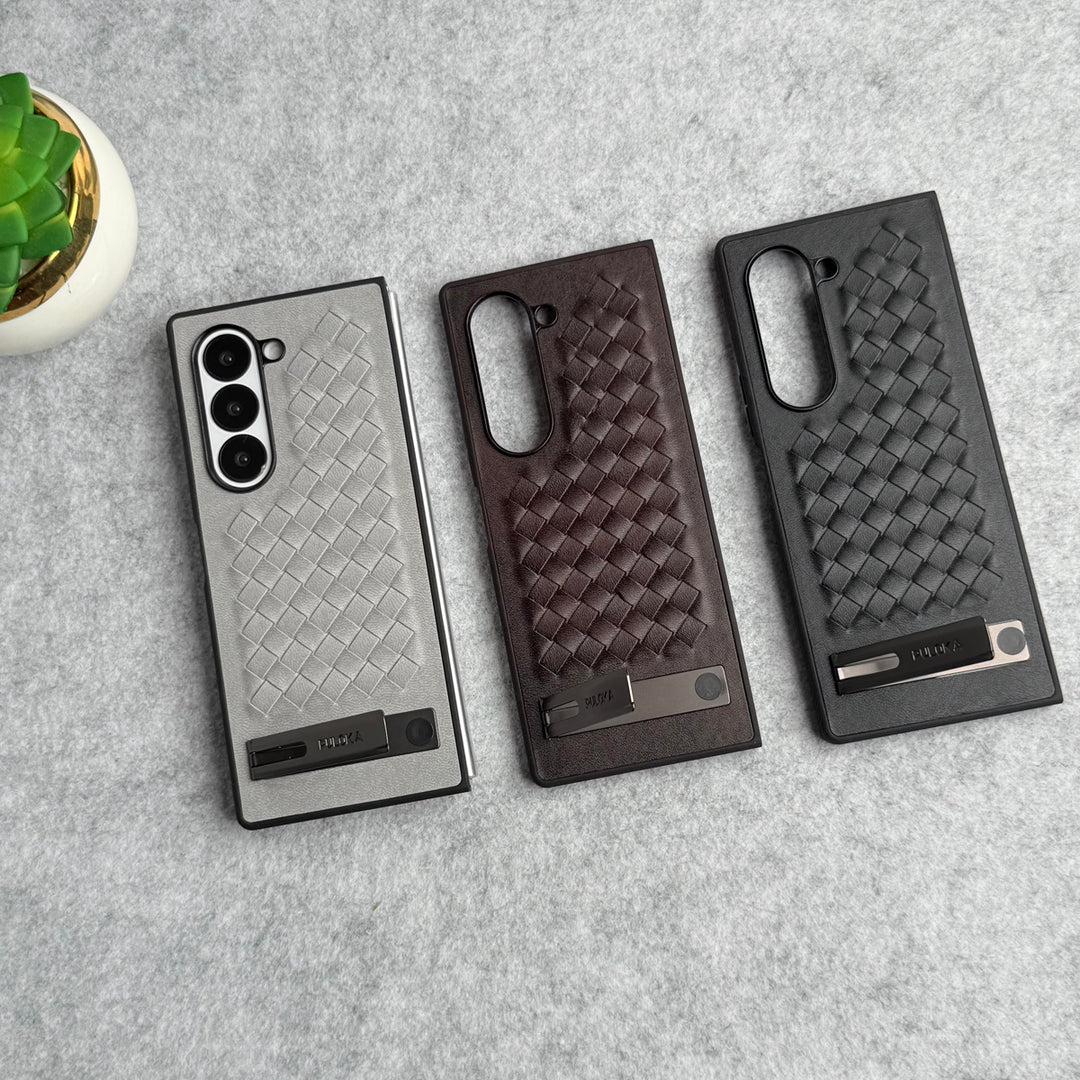 Samsung Galaxy Z Fold 6 PU Weave Leather with Metal Kickstand Slim Back Cover