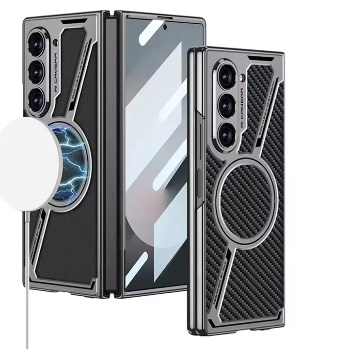 Samsung Galaxy Z Fold 6 Z Shape Electroplated Magnetic PU Leather Wireless Charging Case Cover