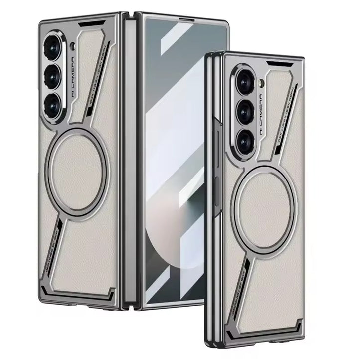 Samsung Galaxy Z Fold 6 Z Shape Electroplated Magnetic PU Leather Wireless Charging Case Cover