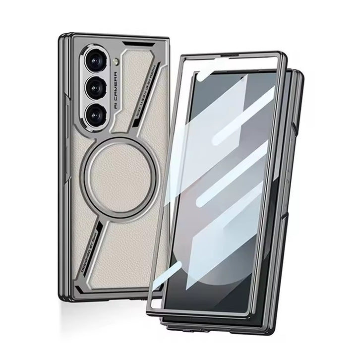 Samsung Galaxy Z Fold 6 Z Shape Electroplated Magnetic PU Leather Wireless Charging Case Cover