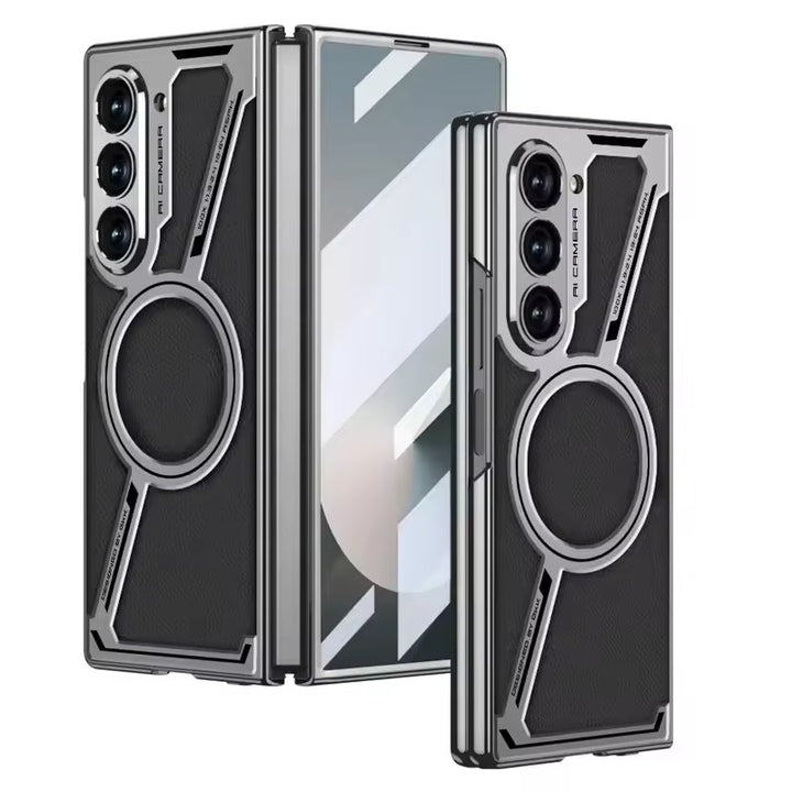 Samsung Galaxy Z Fold 6 Z Shape Electroplated Magnetic PU Leather Wireless Charging Case Cover