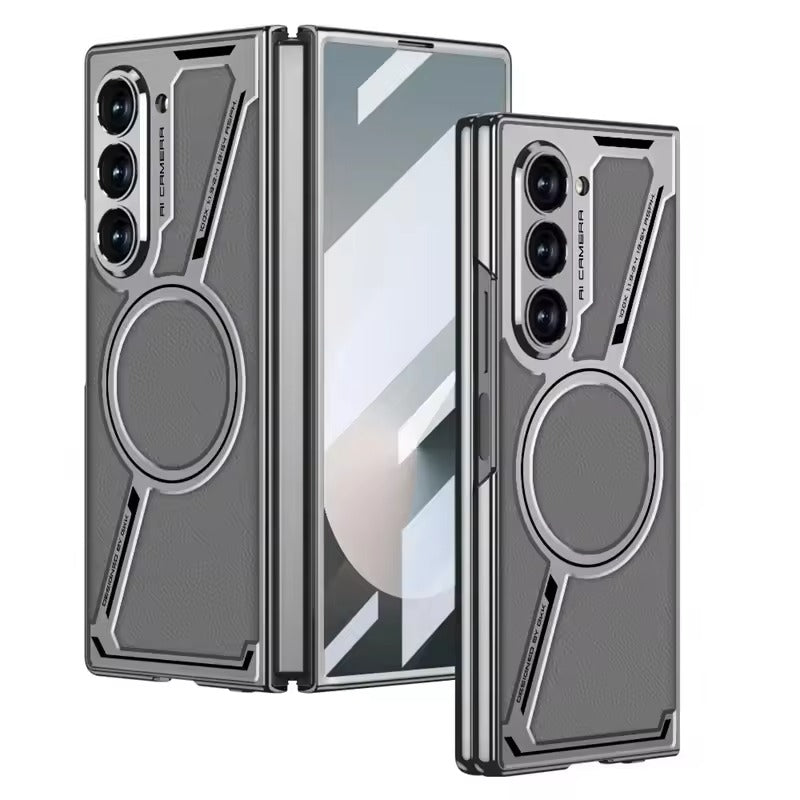 Samsung Galaxy Z Fold 6 Z Shape Electroplated Magnetic PU Leather Wireless Charging Case Cover