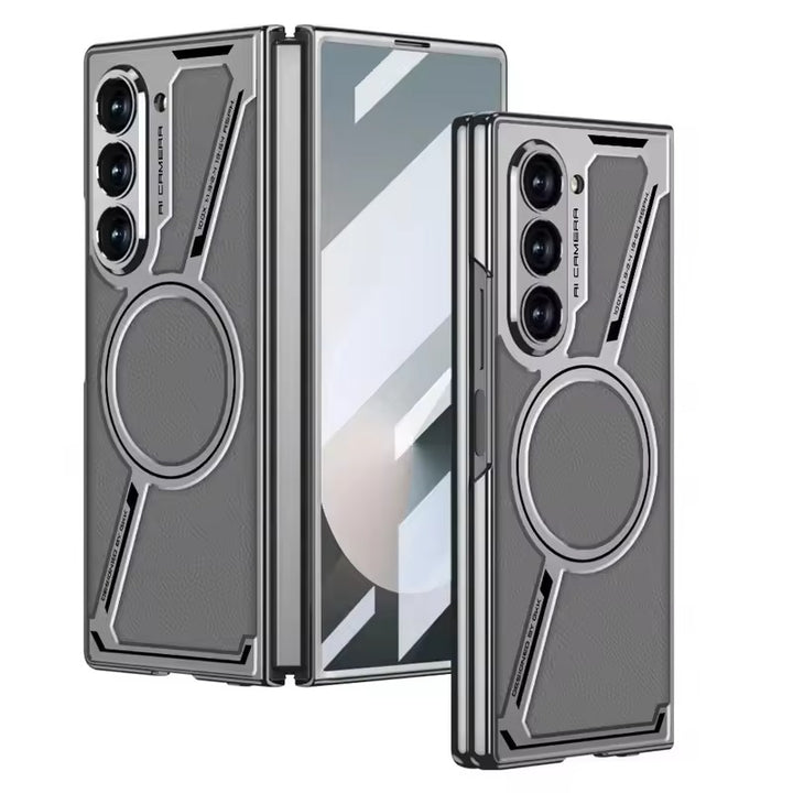 Samsung Galaxy Z Fold 6 Z Shape Electroplated Magnetic PU Leather Wireless Charging Case Cover