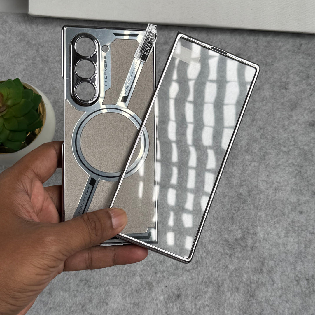 Samsung Galaxy Z Fold 6 Z Shape Electroplated Magnetic PU Leather Wireless Charging Case Cover