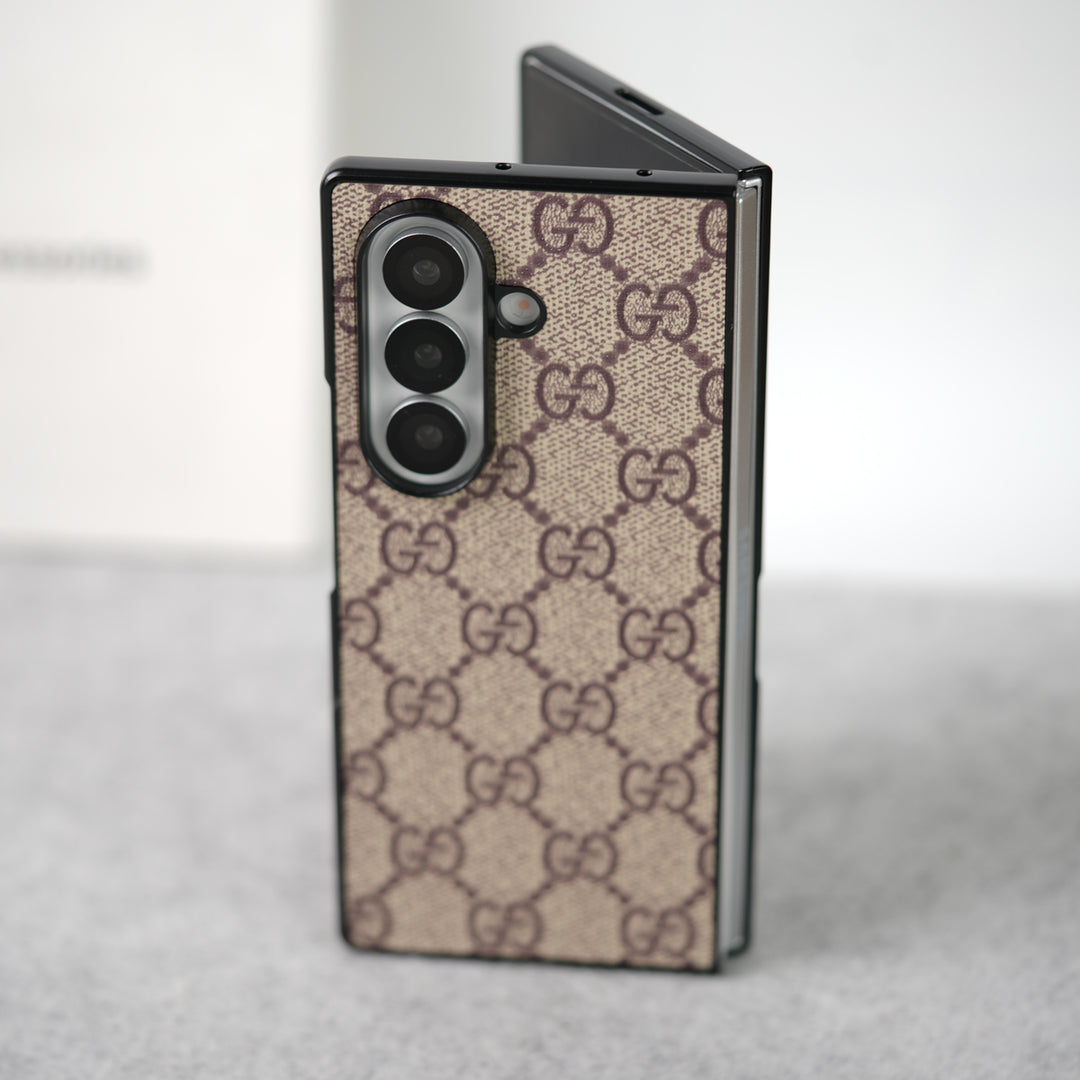 Samsung Galaxy Z Fold 7 Luxury GG Pattern PU Leather Case Cover (Beige)