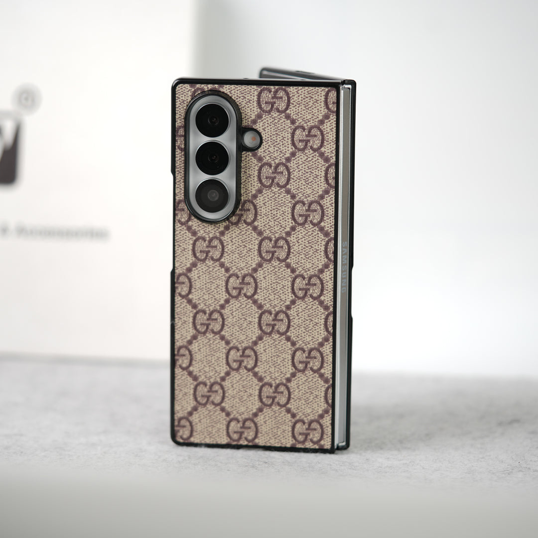 Samsung Galaxy Z Fold 7 Luxury GG Pattern PU Leather Case Cover (Beige)