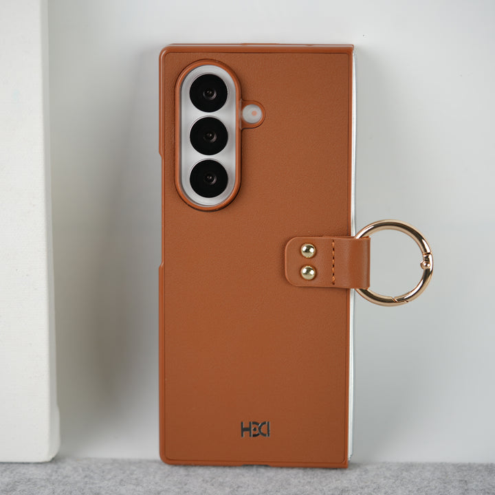 Samsung Galaxy Z Fold 7 Matte Finish PU Leather Case Cover With Metal Ring Holder