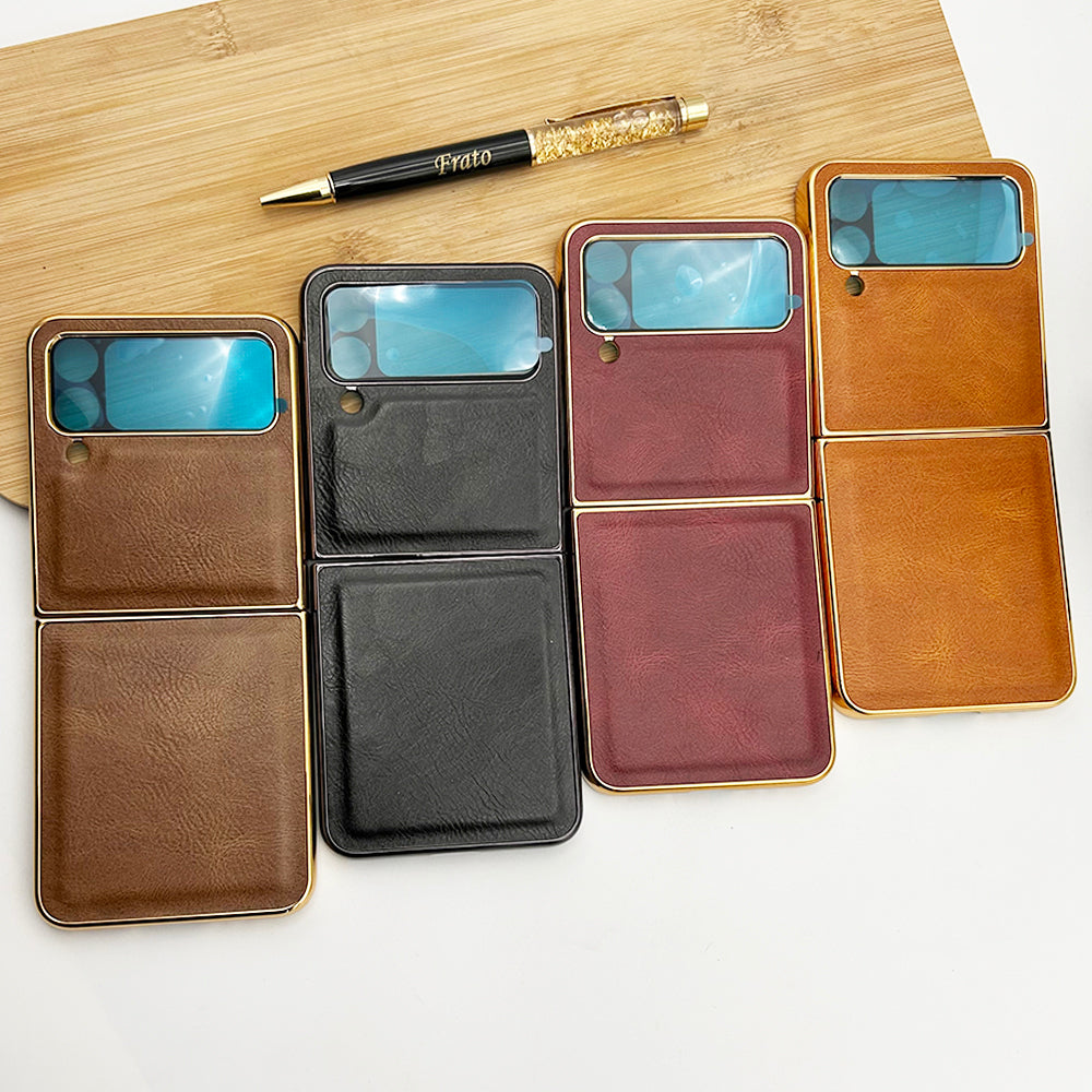 Samsung Z Flip 4 PU Leather Chrome Plated With Front Screen Protector Case Cover