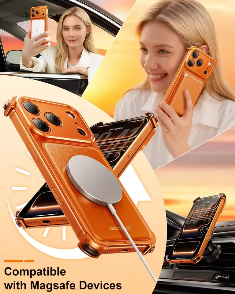 iPhone 17 Pro Max Premium Aluminum Metal Frame Case | Shockproof Corners | Luxury Leather Shells MagSafe Cover