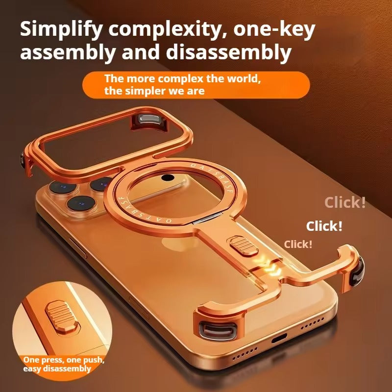 iPhone 17 Pro Metal Frameless Bumper Case | Blue Aluminum Protective Cover with 360° Rotating Stand