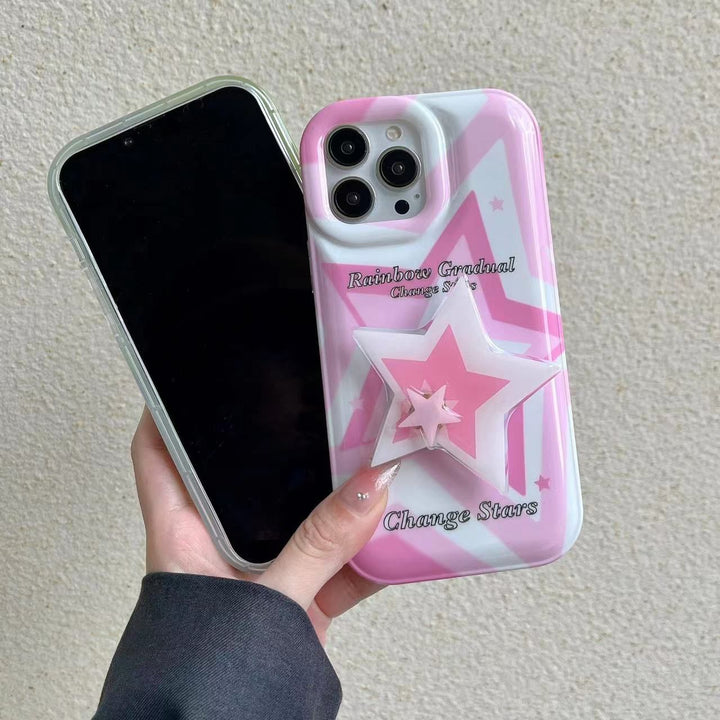 iPhone Cute Pink Star Design Case with Pop Holder (Pink)