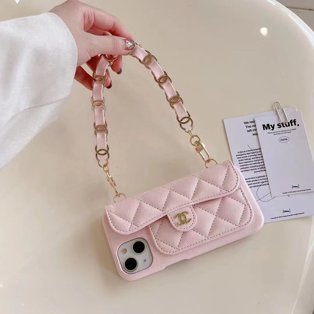 iPhone 15 Series Luxury Brand CC Logo Leather Card Holder Case With Crossbody Strap