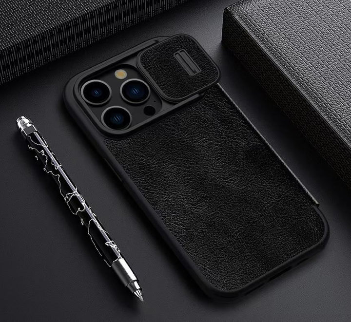 iPhone 15 Pro Series Nillkin Qin Pro Plain Leather+Cloth Flip case Cover (Black)