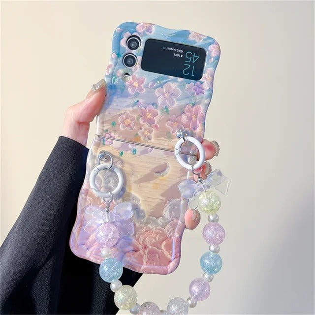 Samsung Galaxy Z Flip Series Floral Print Glossy Case With Crystal Pearl Chain