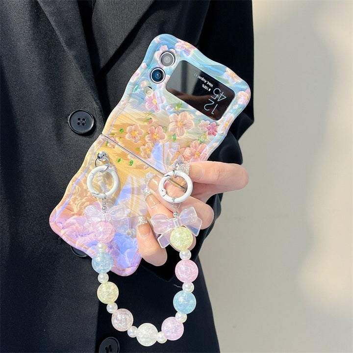 Samsung Galaxy Z Flip Series Floral Print Glossy Case With Crystal Pearl Chain