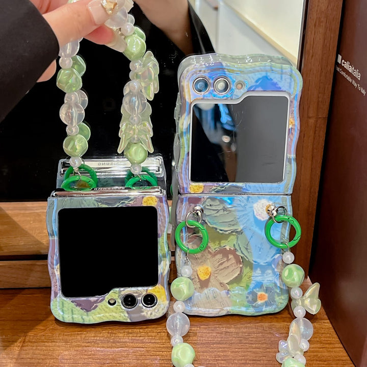 Samsung Galaxy Z Flip 6 Wavy Design Floral Print Glossy Back Case Cover With Crystal Pearl Chain