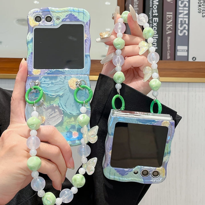 Samsung Galaxy Z Flip 6 Wavy Design Floral Print Glossy Back Case Cover With Crystal Pearl Chain