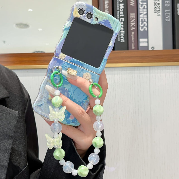 Samsung Galaxy Z Flip 6 Wavy Design Floral Print Glossy Back Case Cover With Crystal Pearl Chain