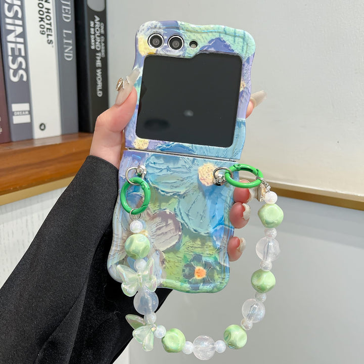 Samsung Galaxy Z Flip 6 Wavy Design Floral Print Glossy Back Case Cover With Crystal Pearl Chain