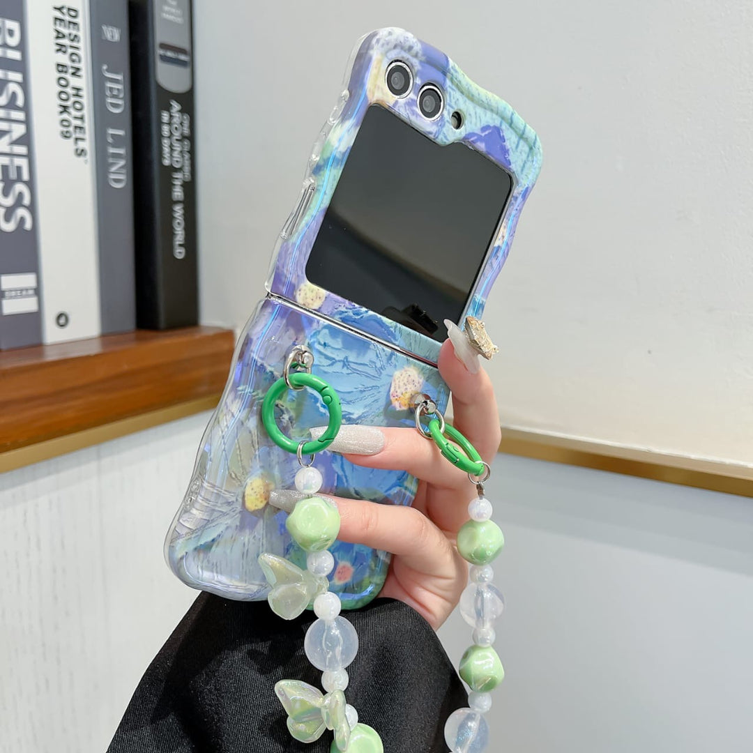 Samsung Galaxy Z Flip 6 Wavy Design Floral Print Glossy Back Case Cover With Crystal Pearl Chain