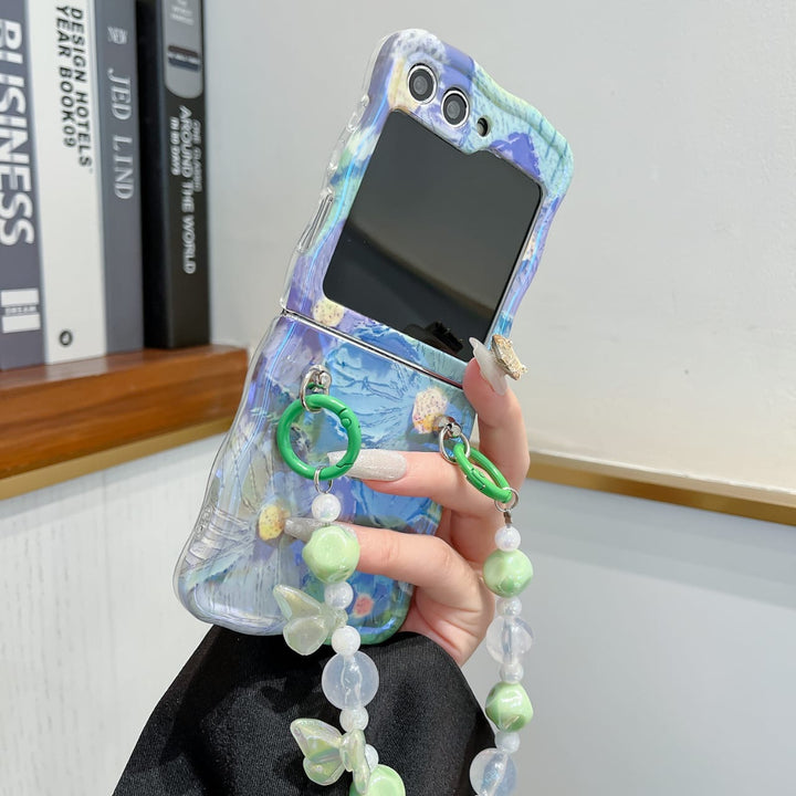 Samsung Galaxy Z Flip 6 Wavy Design Floral Print Glossy Back Case Cover With Crystal Pearl Chain