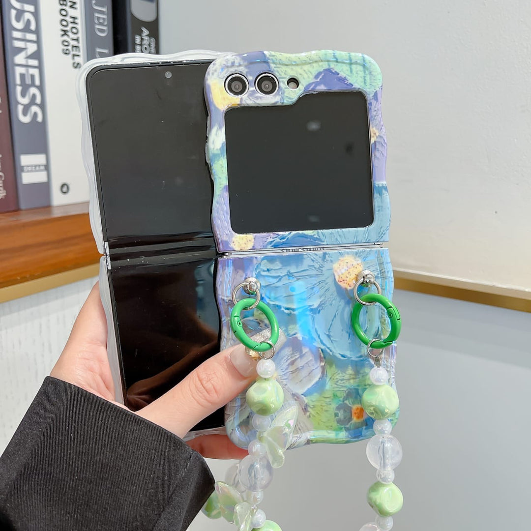 Samsung Galaxy Z Flip 6 Wavy Design Floral Print Glossy Back Case Cover With Crystal Pearl Chain
