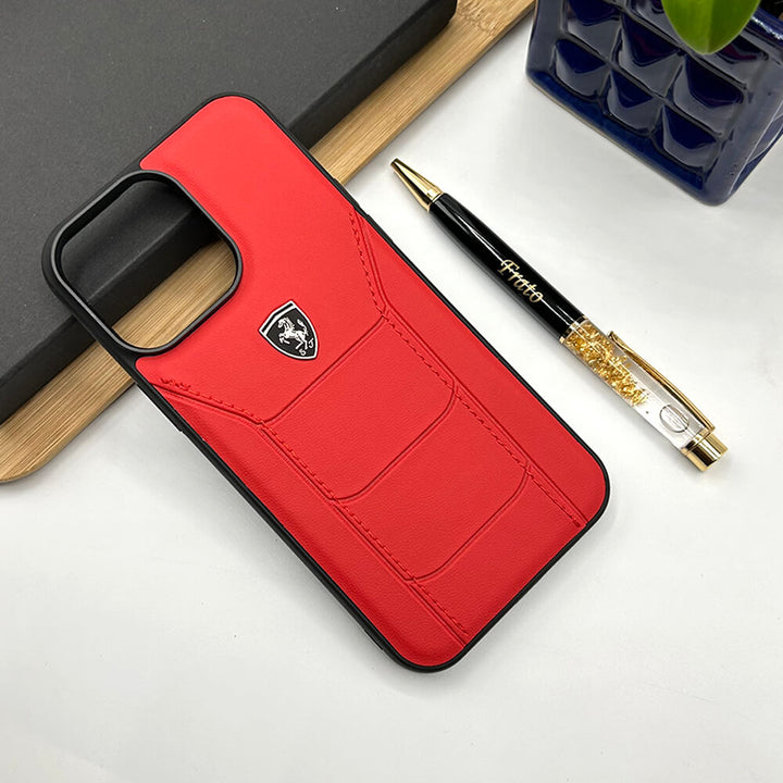 Ferrari Sports Car Logo Side Stitch Leather iPhone Cover Red