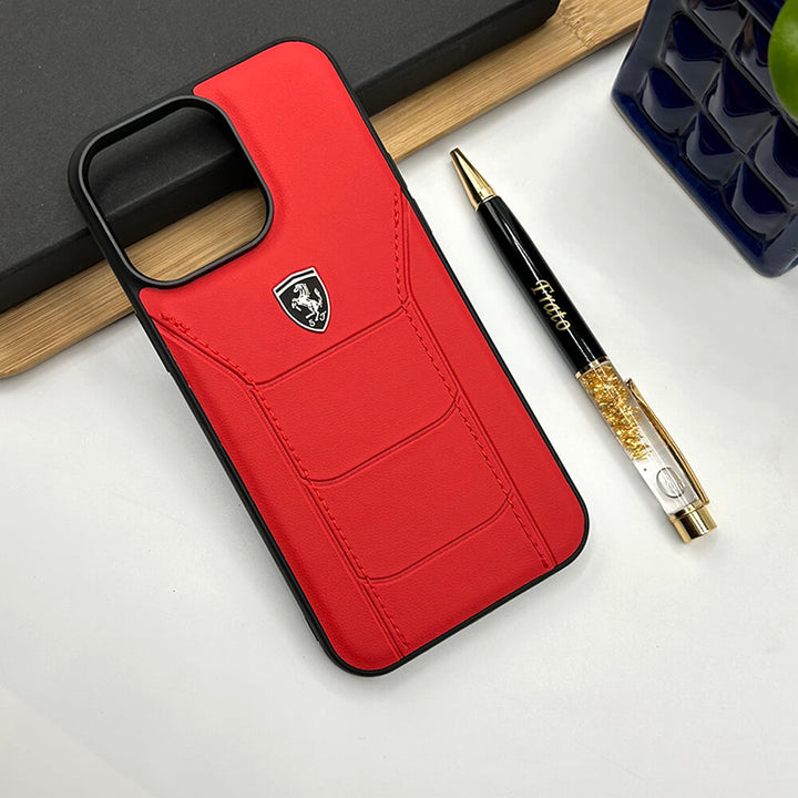 Ferrari Sports Car Logo Side Stitch Leather iPhone Cover Red